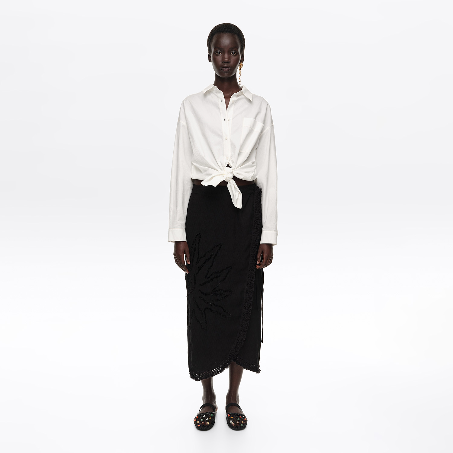 BIMBA Y LOLA Black fringed midi sarong skirt