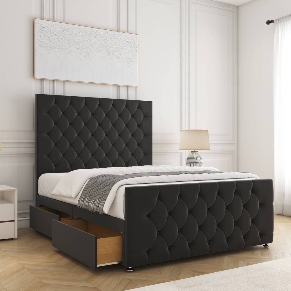 BSSPOKE Maya Plush Velvet Divan Bed 54"Headboard & 2Drawers Same Side Mattress in Black | Size: Small Double