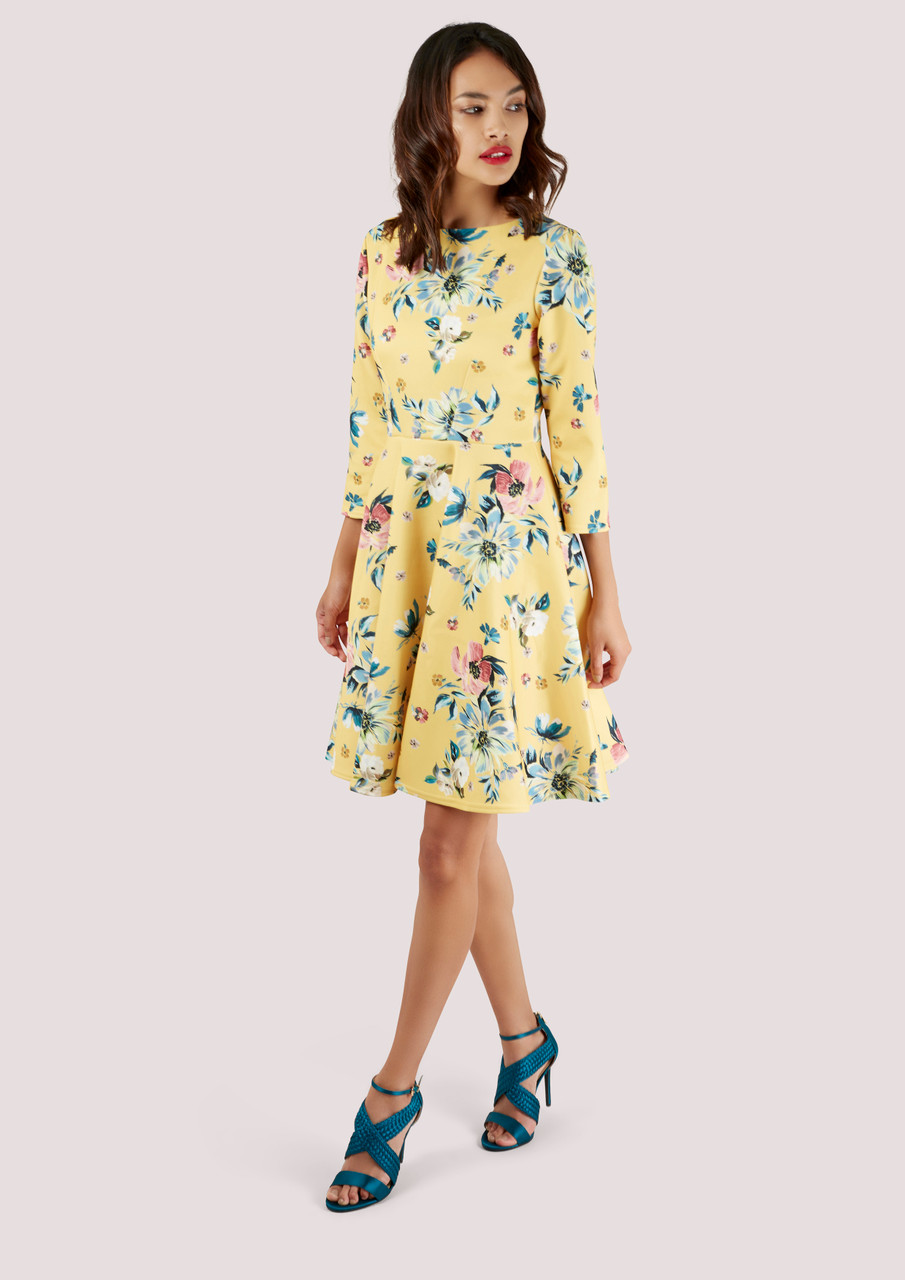Photograph of Closet London Yellow Printed Scuba Skater Dress