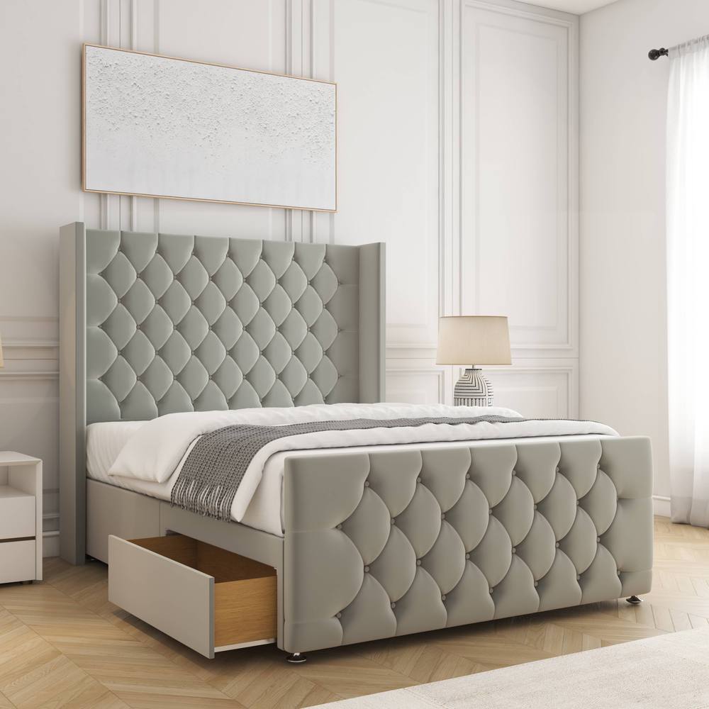 BSSPOKE Florida Plush Velvet Divan Bed 2 Drawers 54" Headboard & No Mattress in Silver | Size: King