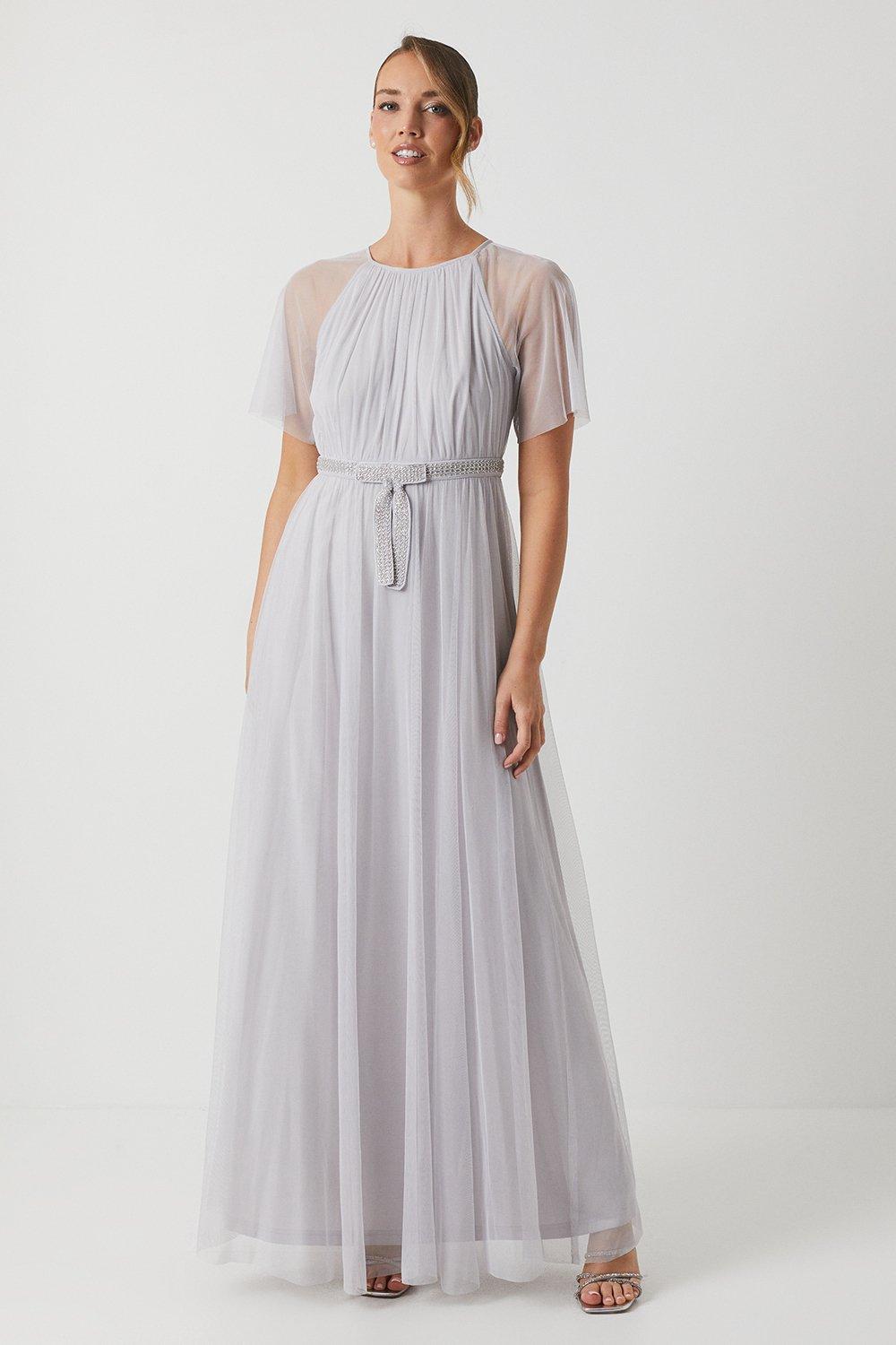 Photograph of Coast Bow Detail Angel Sleeve Mesh Bridesmaids Maxi Dress