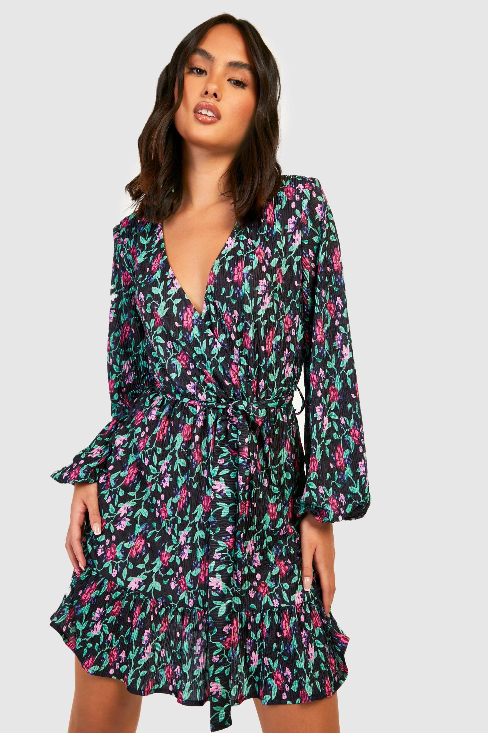 Photograph of Boohoo Womens Floral Plisse Wrap Ruffle Dress