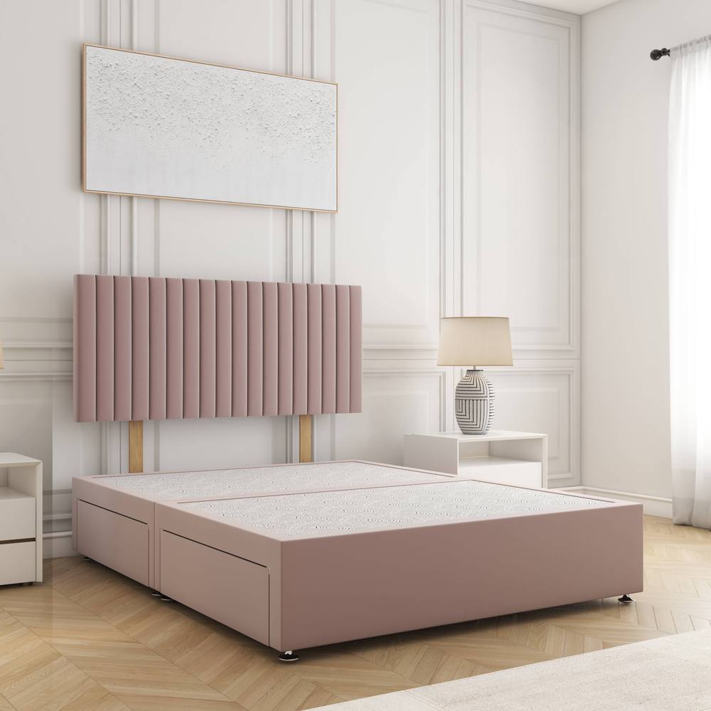 BSSPOKE Brooke Divan Bed Plush 24" Headboard 2Drawers Same Side & No Mattress in Pink | Size: Single