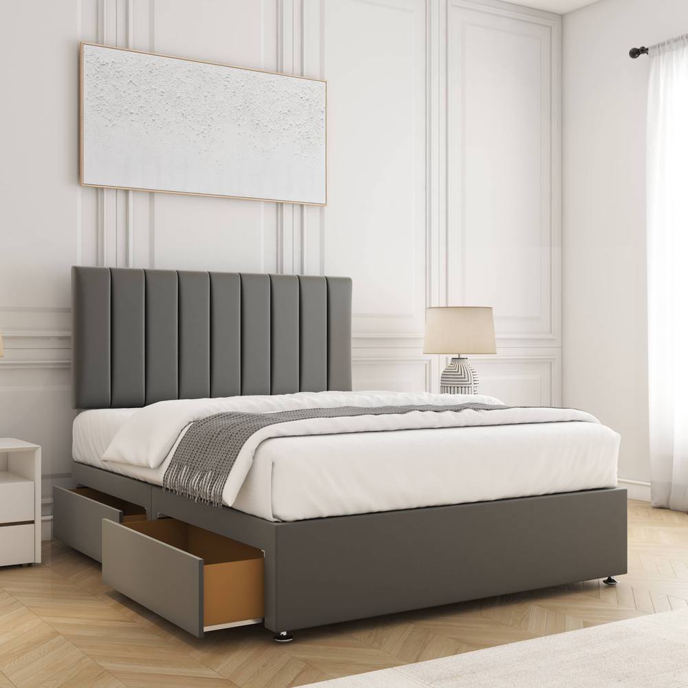 BSSPOKE Aria Velvet Divan Bed 24" Headboard 2Drawers Same side Mattress in Grey | Size: Single