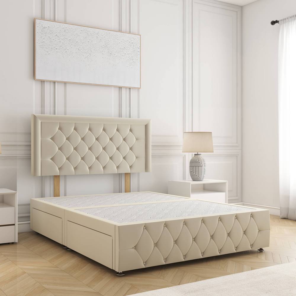 BSSPOKE Lena Divan Bed Plush 24" Headboard 2Drawers Same Side & No Mattress in Cream | Size: Single