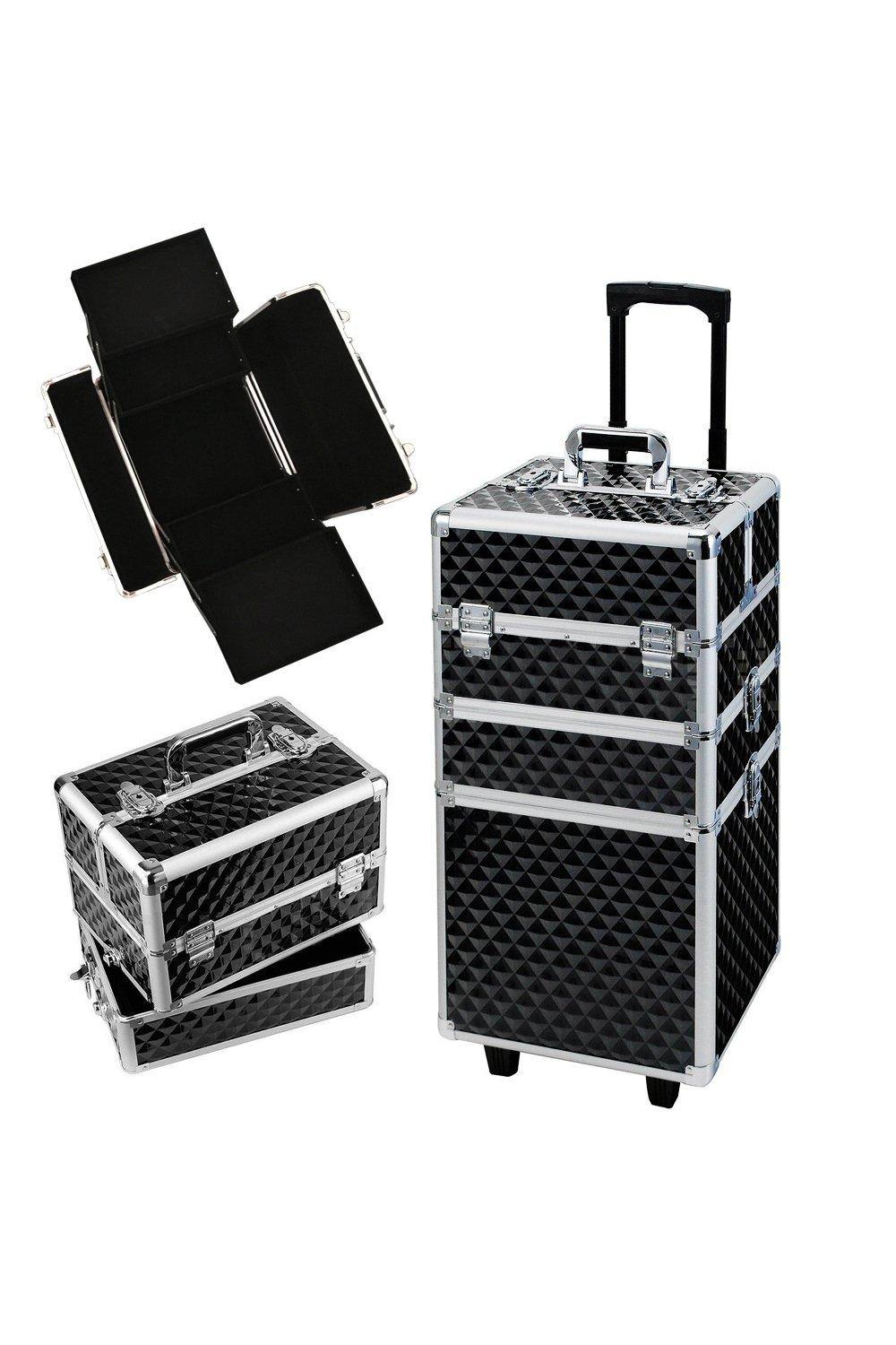 H&O Direct Professional Cosmetics Trolley 3-in-1 Large Hairdressing Makeup Train Case in Black
