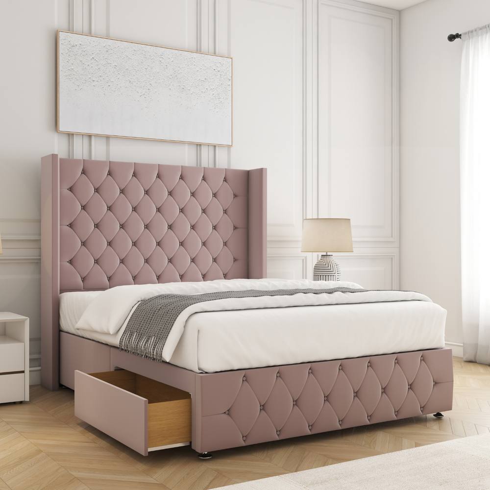 BSSPOKE Ruby Divan Bed Plush Velvet 54"Headboard 2Drawers Footend No Mattress in Pink | Size: Double