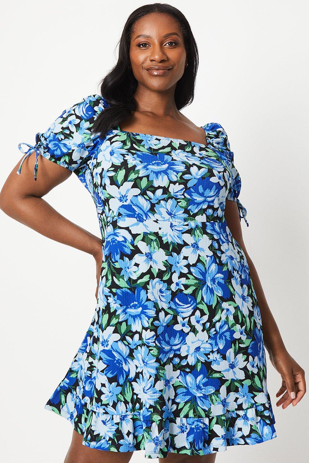 Dorothy Perkins Womens Curve Blue Floral Tie Sleeve Mini Dress Rather Saucy