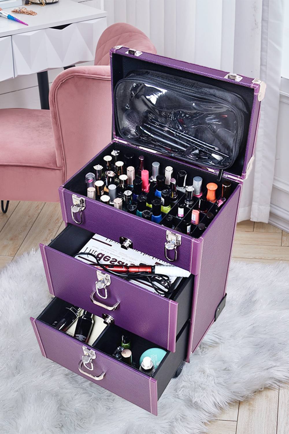 Living and Home Professional 3-in-1 Rolling Cosmetic Cases Makeup Trolley Nail Luggage Storage Organizer in Purple