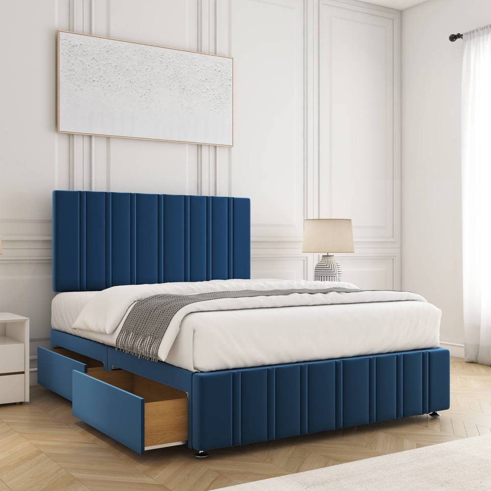 BSSPOKE Isabella Divan Bed Velvet 24"Headboard & 2Drawers Same Side Mattress in Blue | Size: Small Double