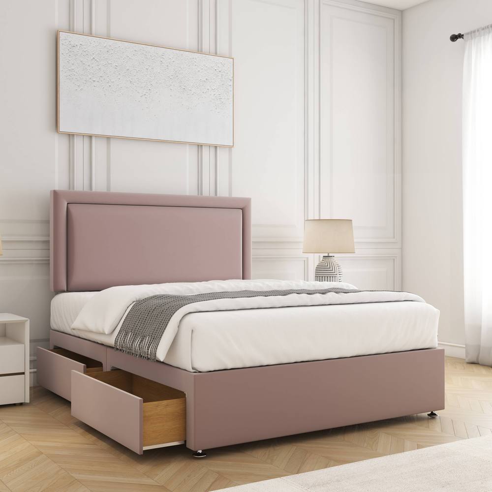 BSSPOKE Ella Velvet Divan Bed 24" Headboard 2Drawers Footend & Mattress in Pink | Size: Double
