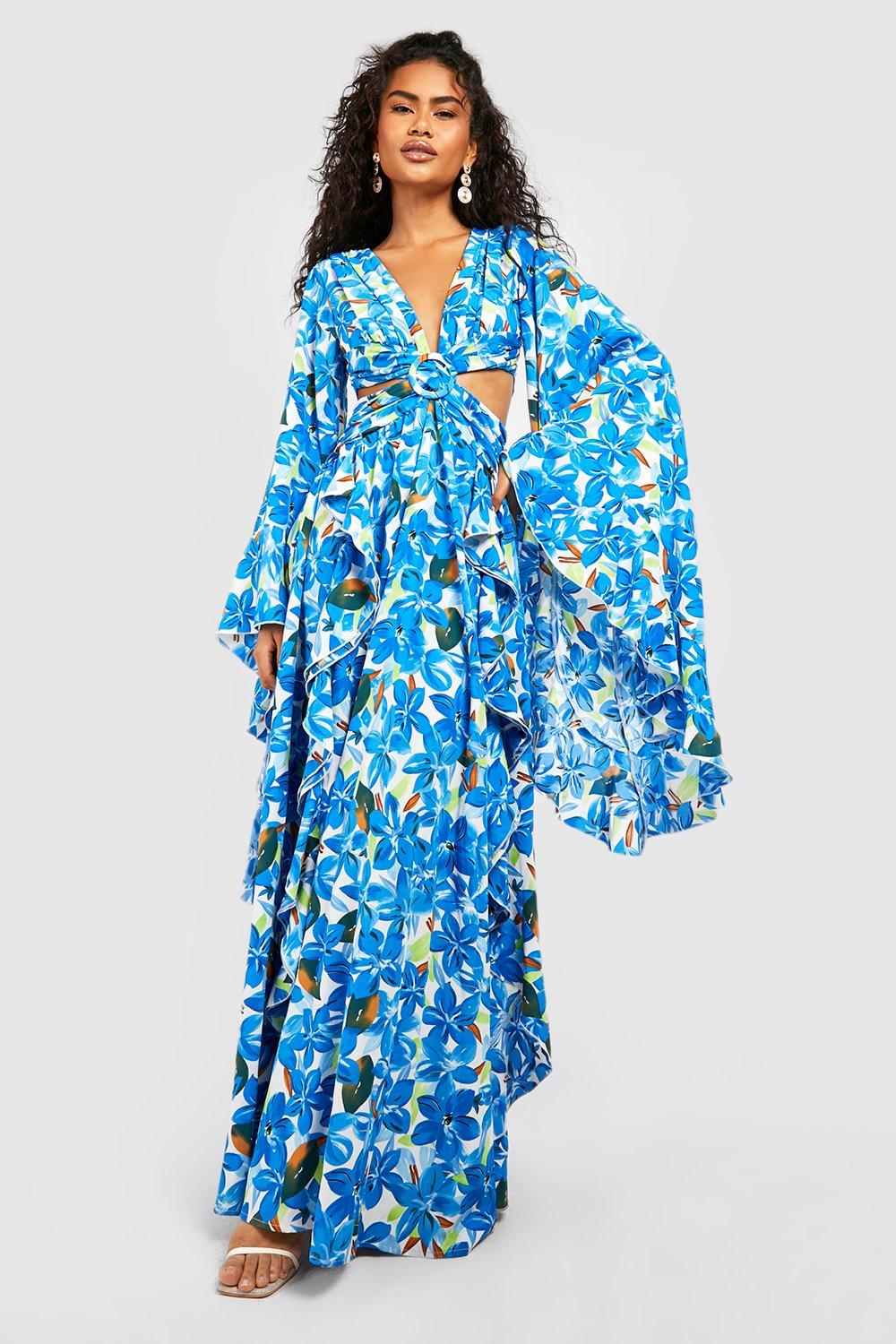 Boohoo Womens Floral Chiffon Print Cut Out Maxi Dress Rather Saucy