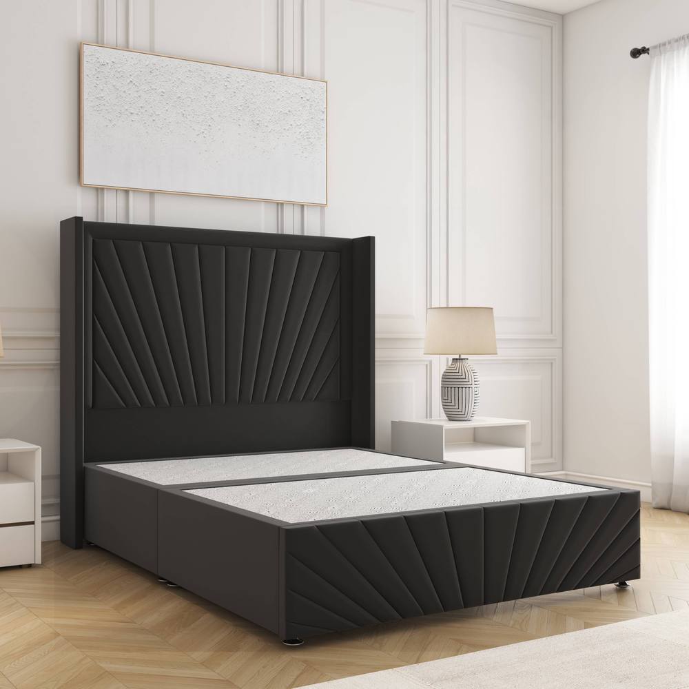 BSSPOKE Nola Divan Bed Plush Velvet 54" Headboard & No Mattress No Drawers in Black | Size: King