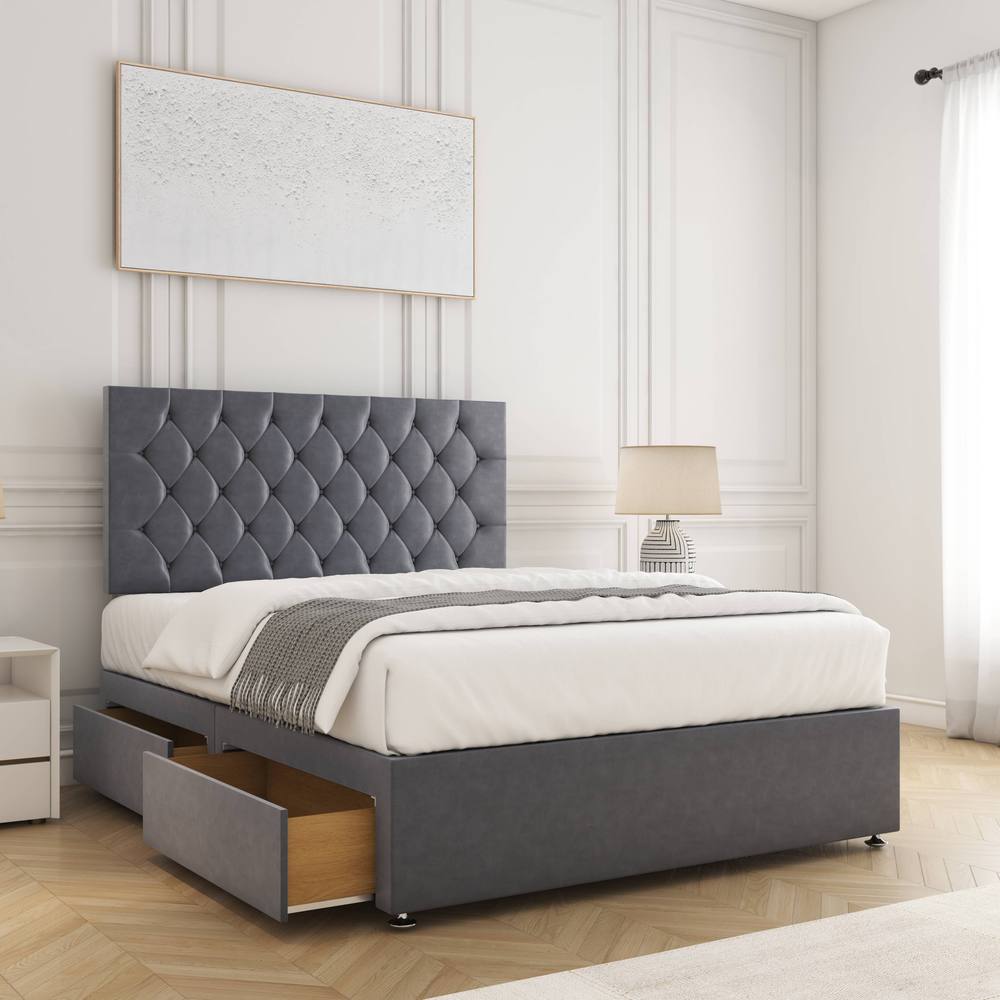 BSSPOKE Mia Plush Velvet Divan Bed 2Drawers Same Side 24" Headboard& Mattress in Charcoal | Size: Single