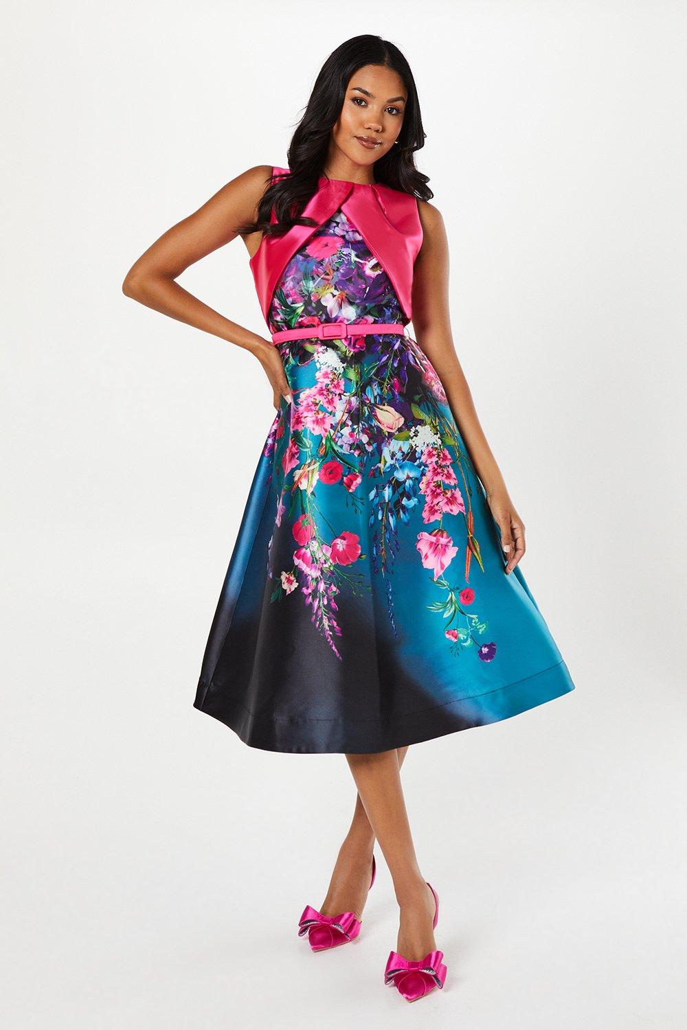 Coast Trailing Floral Overlay Bodice Satin Twill Midi Dress Rather Saucy