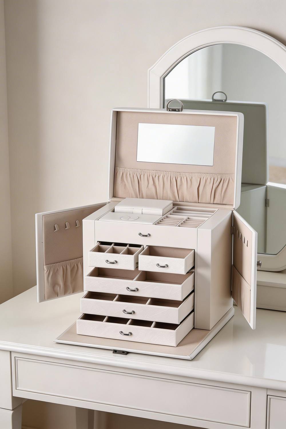 ExtraStar Large Multi-Tier Faux Leather Jewellery Box with Handle in Pink