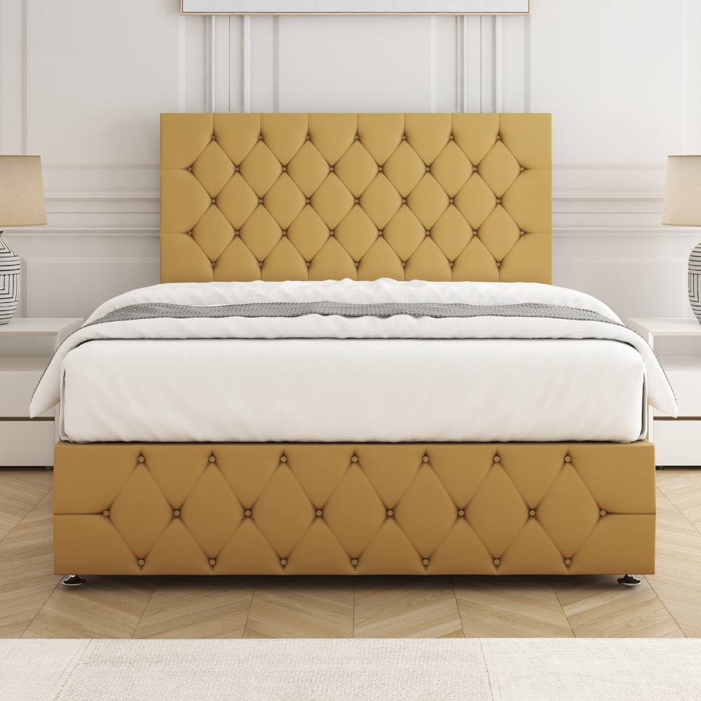 BSSPOKE Mulberry Divan Bed Plush 24"Headboard & Footboard Mattress No Drawers in Mustard | Size: Single