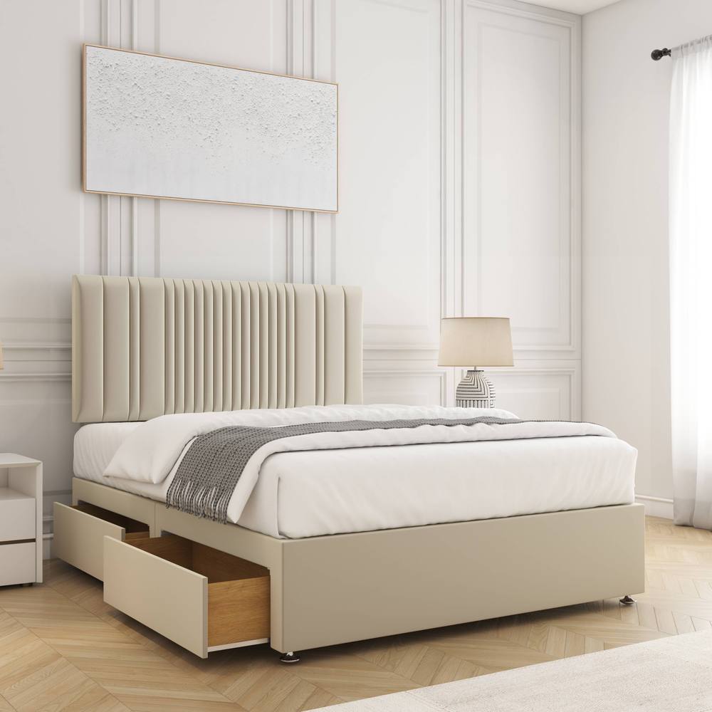 BSSPOKE Florence Velvet Divan Bed 24" Headboard 2Drawers Same side Mattress in Cream | Size: King