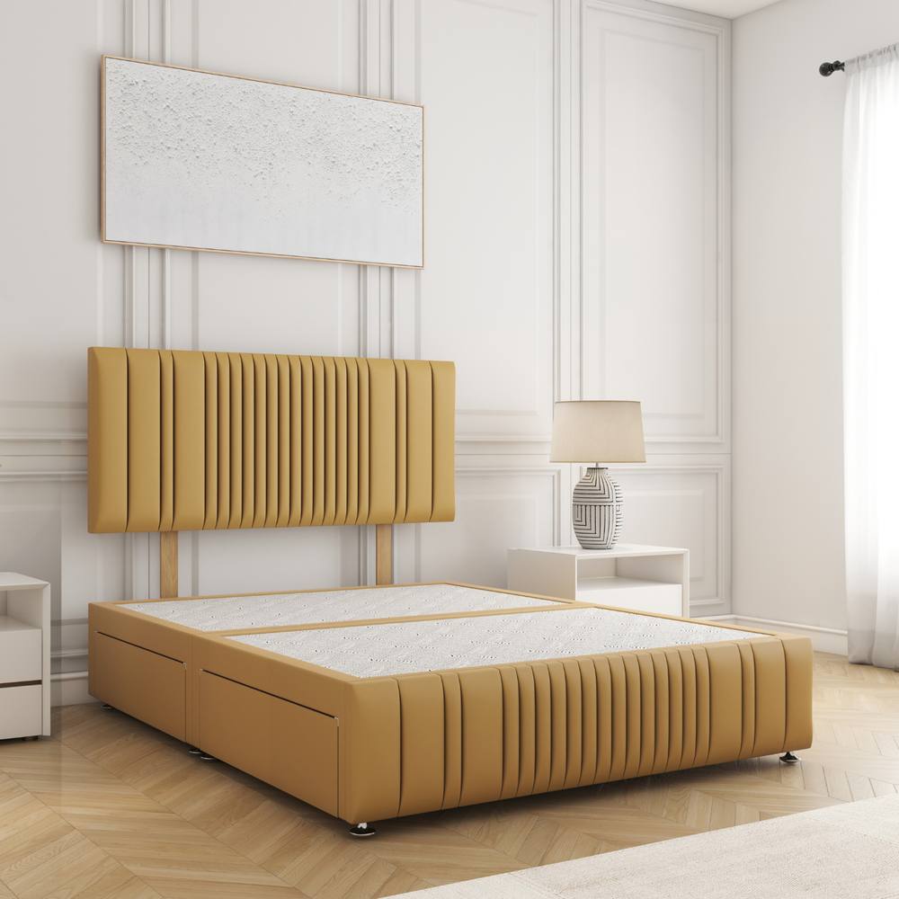 BSSPOKE Rosie Plush Divan Bed 24" Headboard 2 Drawers Same Side & No Mattress in Mustard | Size: Single
