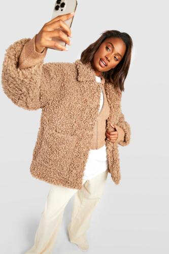 Boohoo Womens Faux Fur Teddy Button Coat Rather Saucy