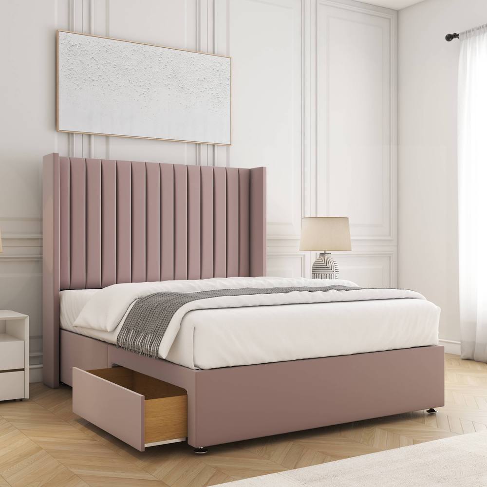 BSSPOKE Manhattan Divan Bed Plush 54"Headboard 2 Drawers Footend & Mattress in Pink | Size: Small Double
