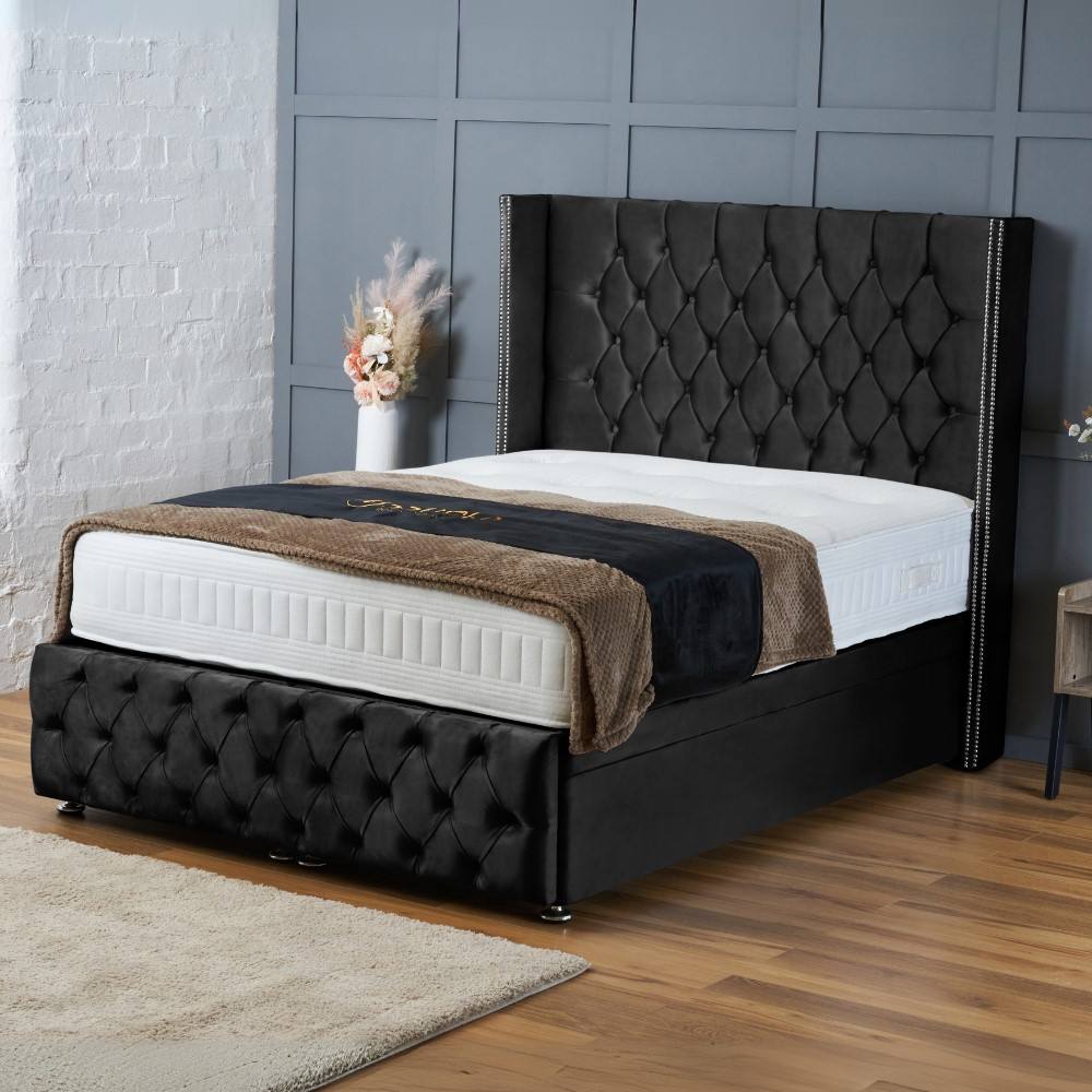 BSSPOKE Mayfair Ottoman Divan Bed Plush Velvet 54" Headboard & No Mattress in Black | Size: Small Double