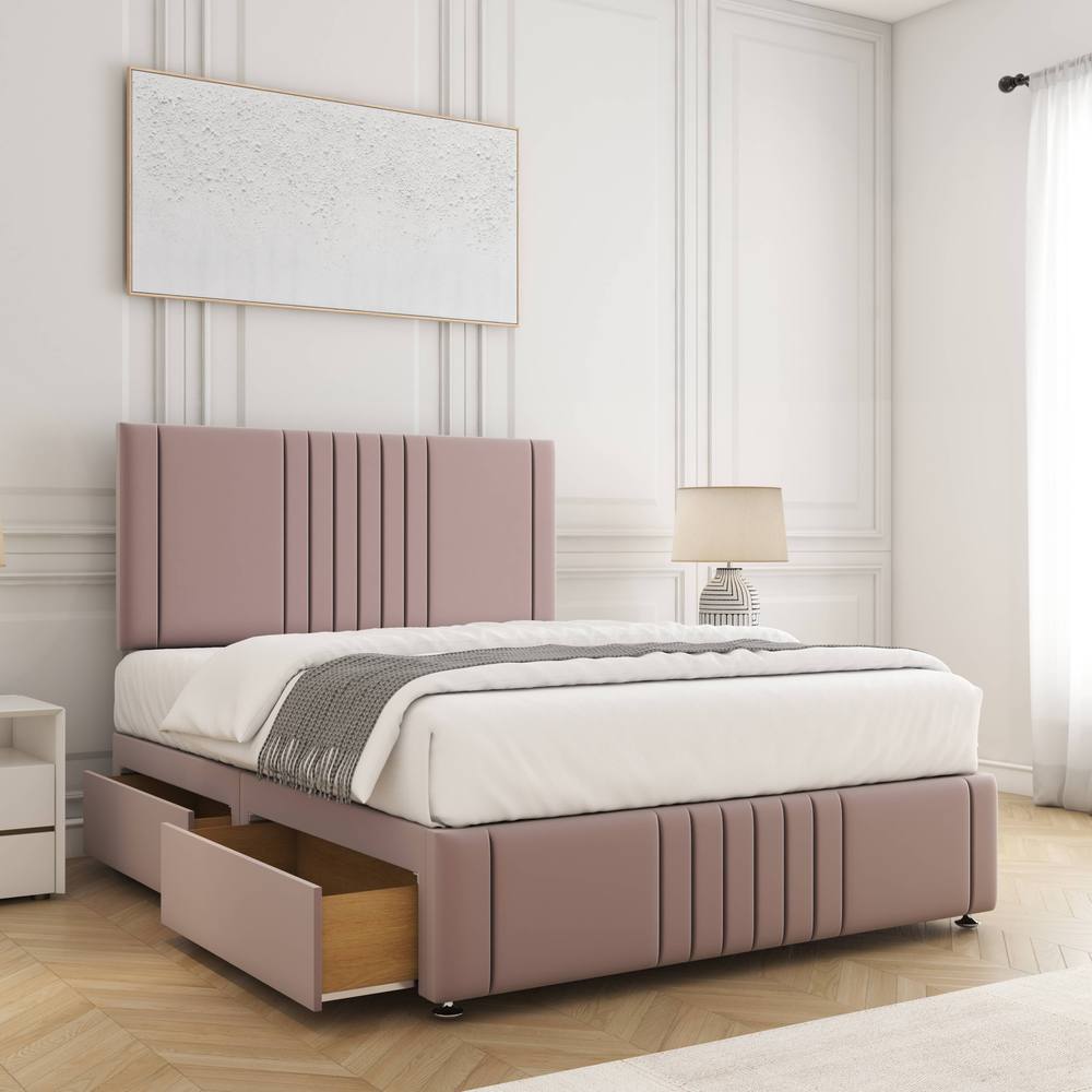BSSPOKE Hazel Divan Bed Plush Velvet 24"Headboard 2Drawers Same Side Mattress in Pink | Size: Super King