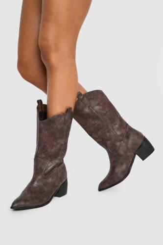 Boohoo Womens Wide Fit Vintage Look Tab Detail Ankle Cowboy Western Boots Rather Saucy