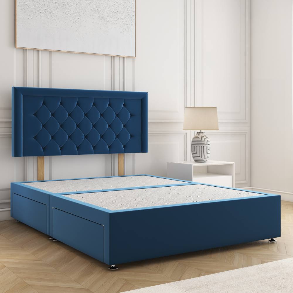 BSSPOKE Nova Divan Bed Plush 24" Headboard 2Drawers Same Side & No Mattress in Blue | Size: King