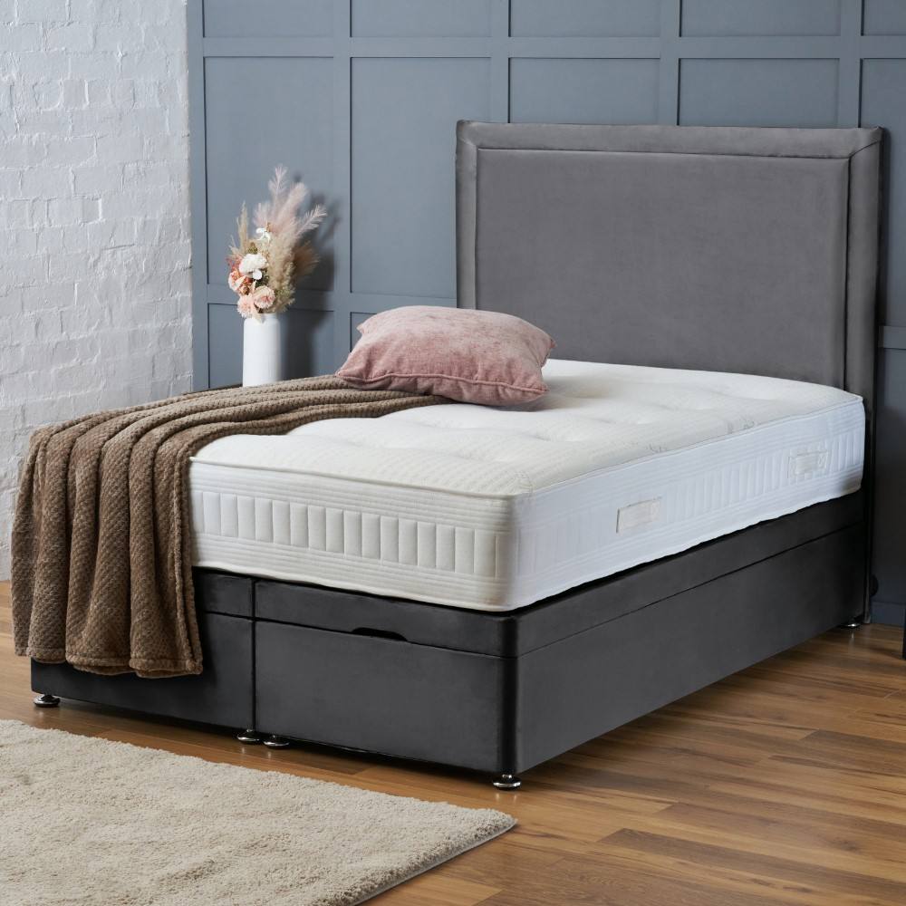 BSSPOKE Ella Ottoman Divan Bed Plush Velvet 54" Headboard & Mattress in Charcoal | Size: Super King