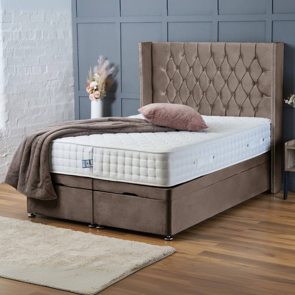 BSSPOKE Olivia Ottoman Divan Bed Plush Velvet 54" Headboard & No Mattress in Taupe | Size: Small Double