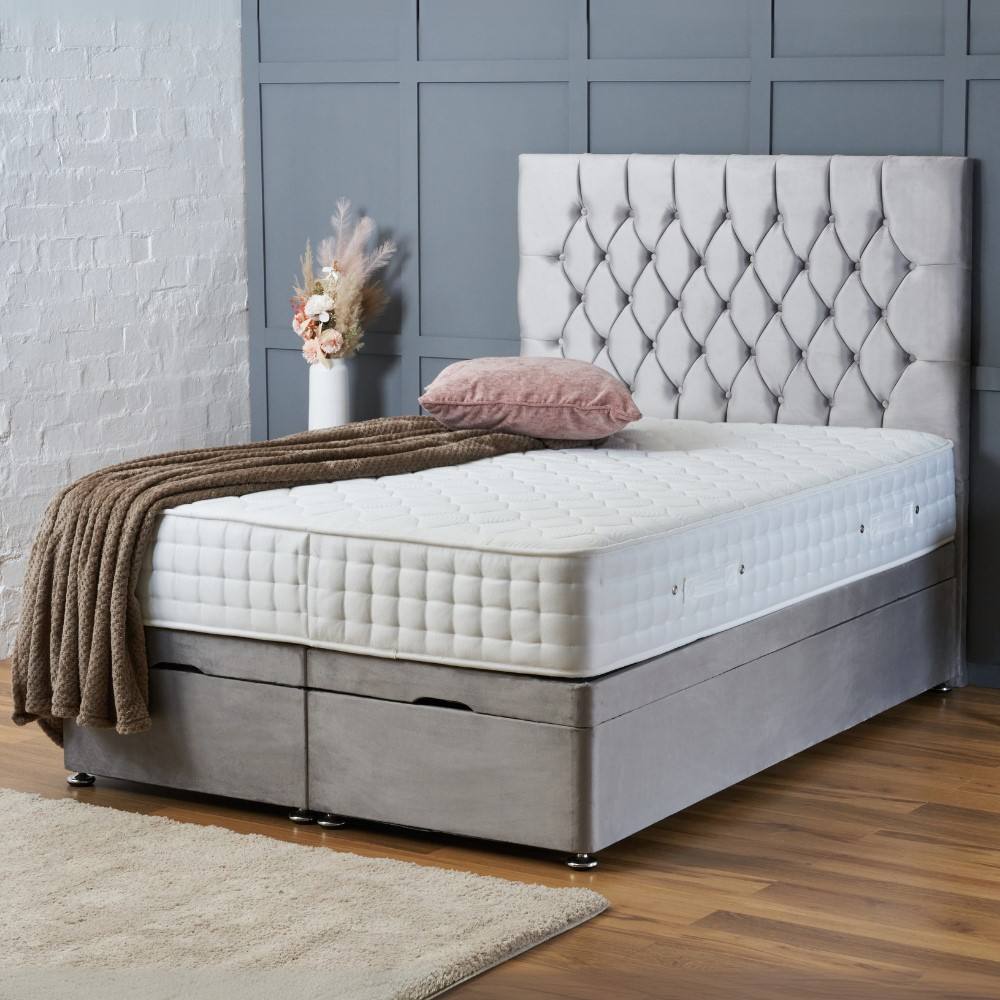 BSSPOKE Mia Ottoman Divan Bed Plush Velvet 54" Headboard & Mattress in Silver | Size: Super King