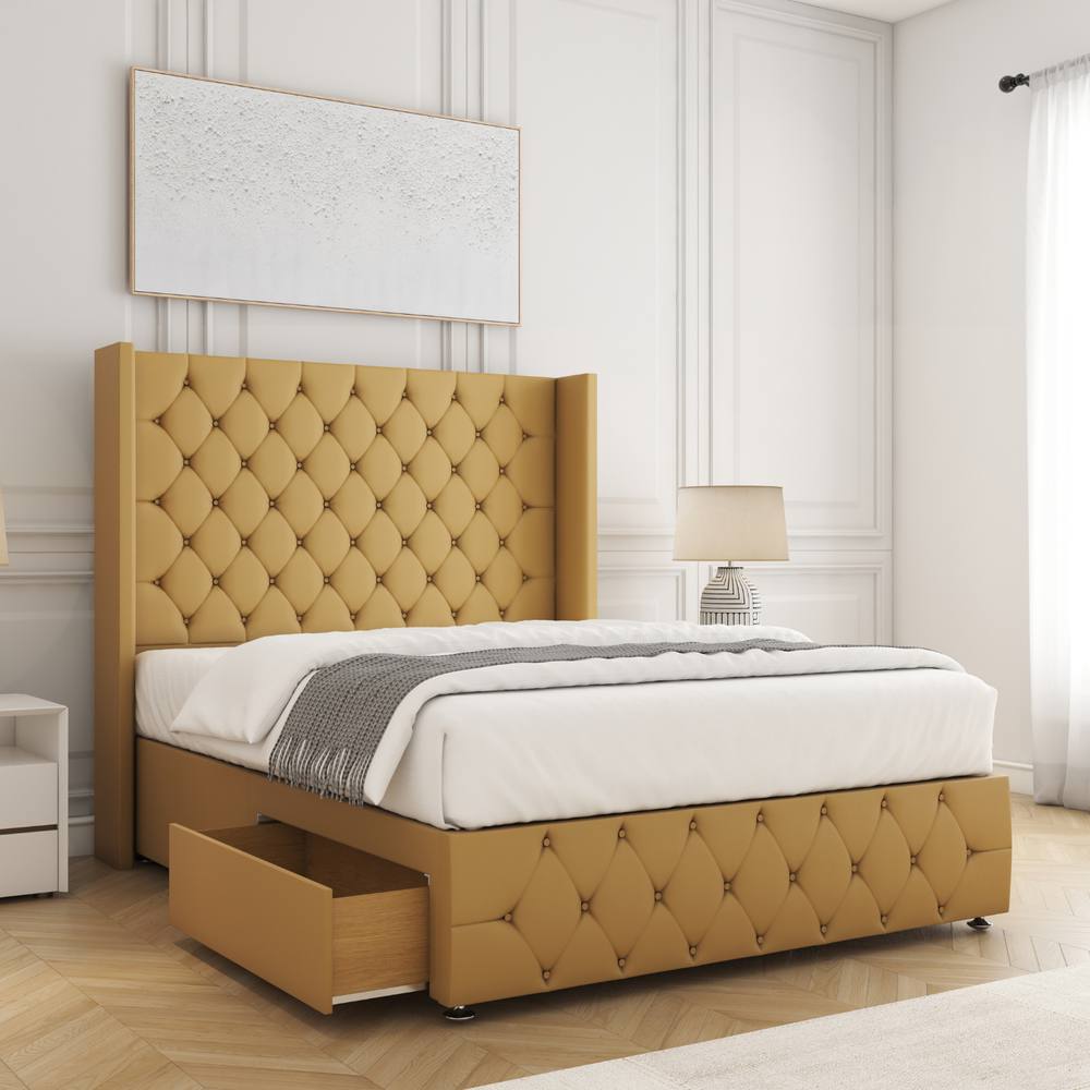 BSSPOKE Ruby Divan Bed Plush Velvet 54"Headboard 2Drawers Footend No Mattress in Mustard | Size: Small Double