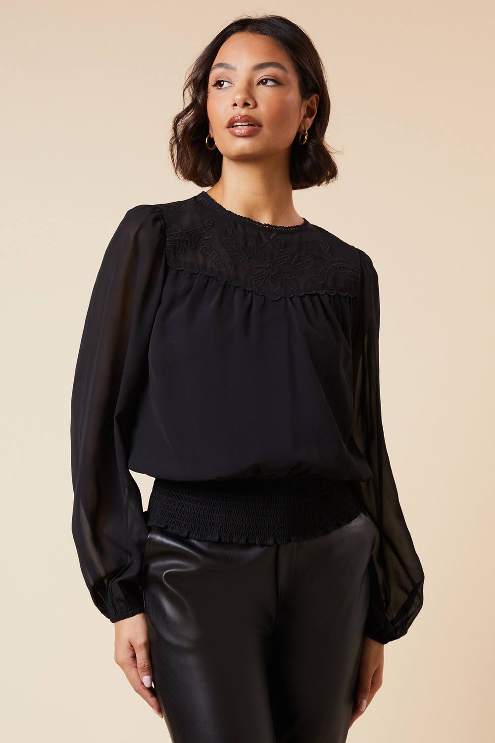 Photograph of Dorothy Perkins Womens Embroidered Shirred Hem Long Sleeve Blouse