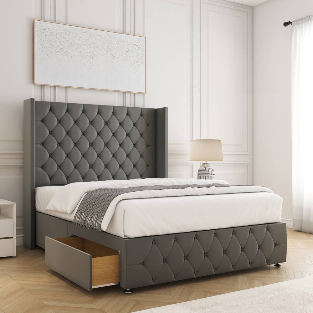 BSSPOKE Ruby Divan Bed Plush Velvet 54"Headboard 2Drawers Footend No Mattress in Grey | Size: Double