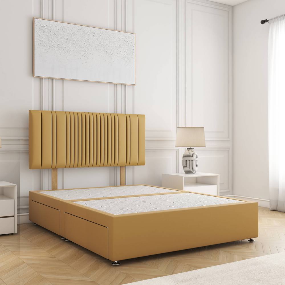 BSSPOKE Florence Divan Bed Plush 24"Headboard 2Drawers Same Side No Mattress in Mustard | Size: King