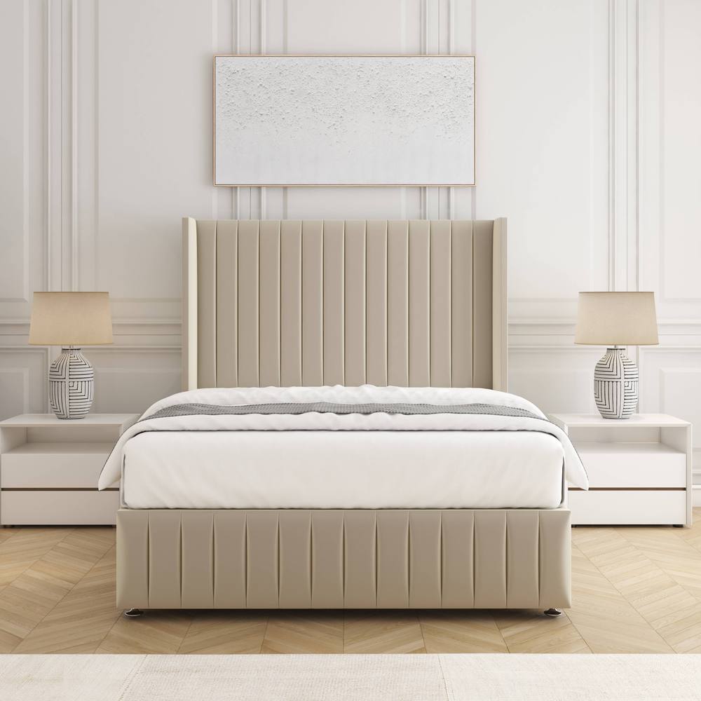 BSSPOKE Luna Plush Velvet Divan Bed 54" Headboard & Mattress & No Drawers in Cream | Size: Super King