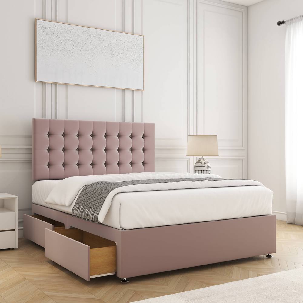 BSSPOKE Isla Plush Velvet Divan Bed 24"Headboard 2Drawers Footend & Mattress in Pink | Size: Double