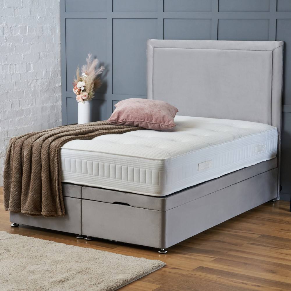 BSSPOKE Ella Ottoman Divan Bed Plush Velvet 54" Headboard & Mattress in Silver | Size: King