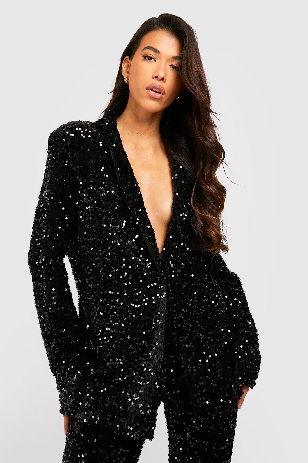 Boohoo Womens Tall Sequin Velvet Belted Blazer Rather Saucy