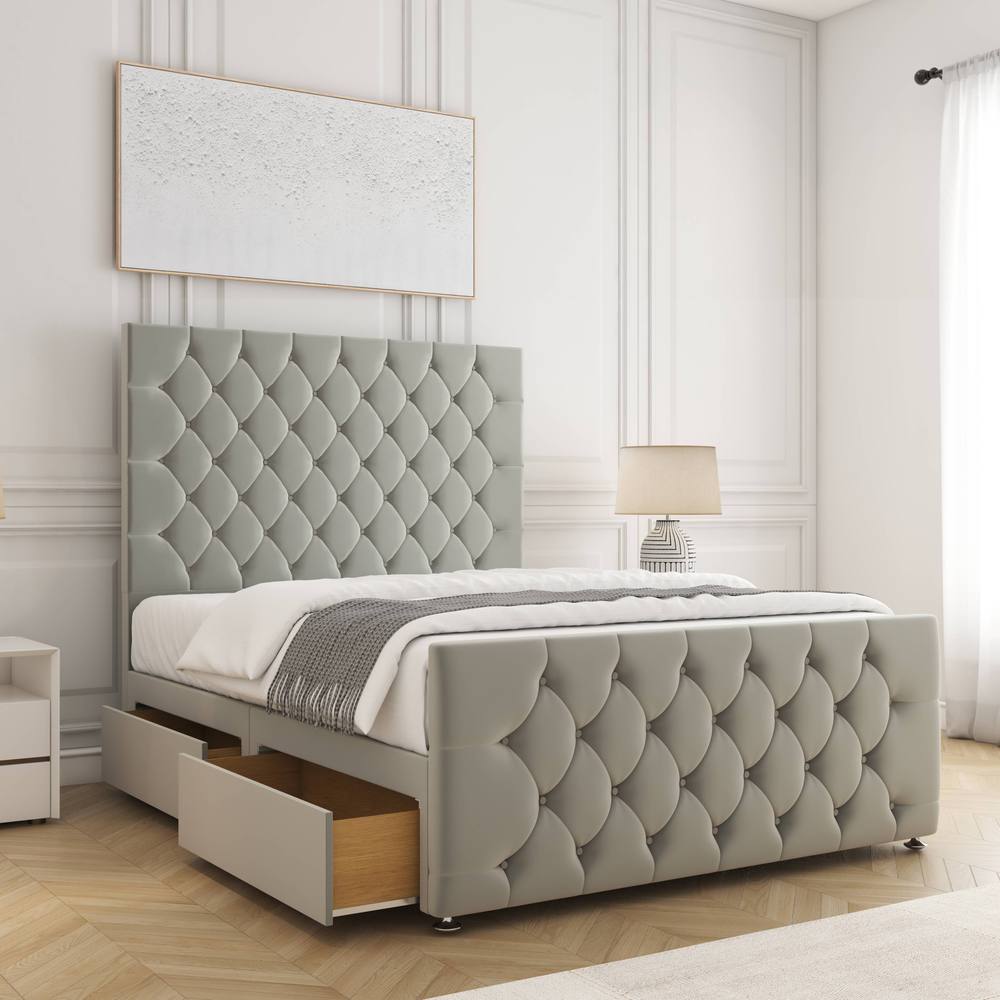 BSSPOKE Maya Plush Velvet Divan Bed 54"Headboard & 2Drawers Footend &Mattress in Silver | Size: Super King