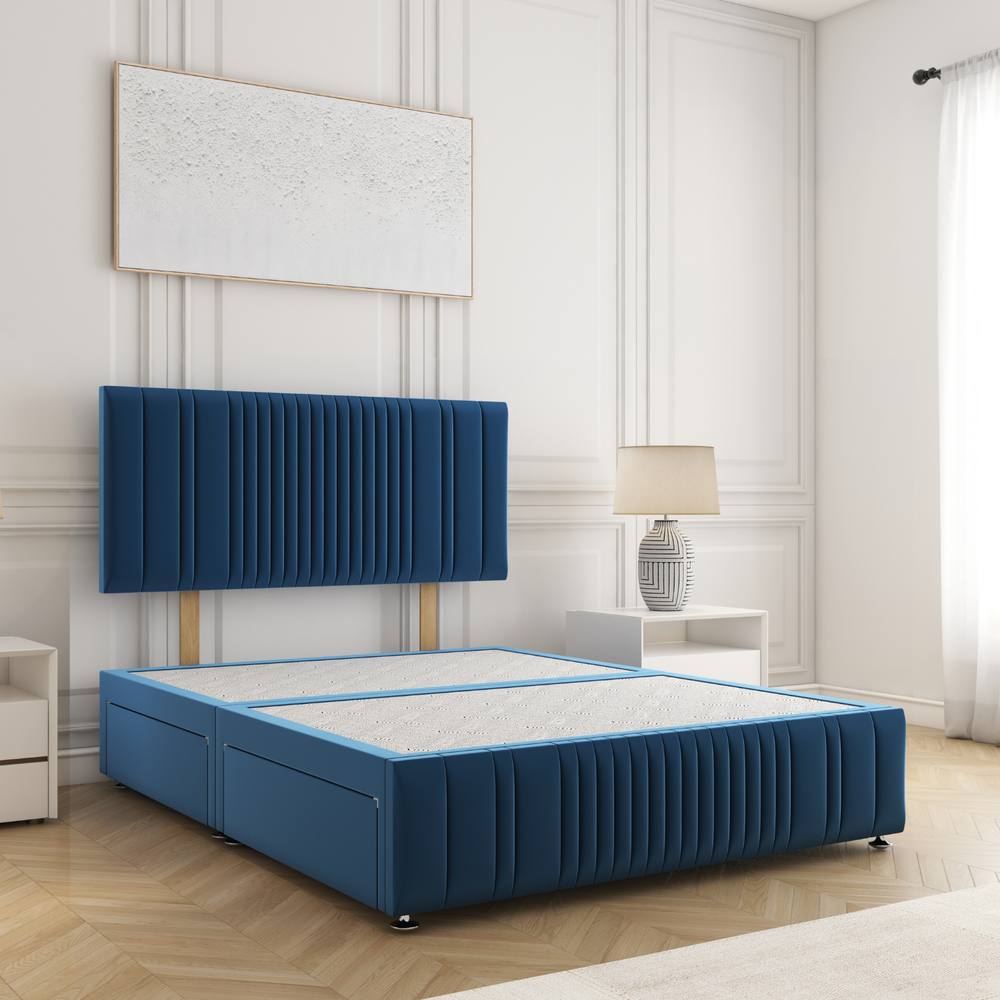 BSSPOKE Rosie Plush Divan Bed 24" Headboard 2 Drawers Same Side & No Mattress in Blue | Size: Double