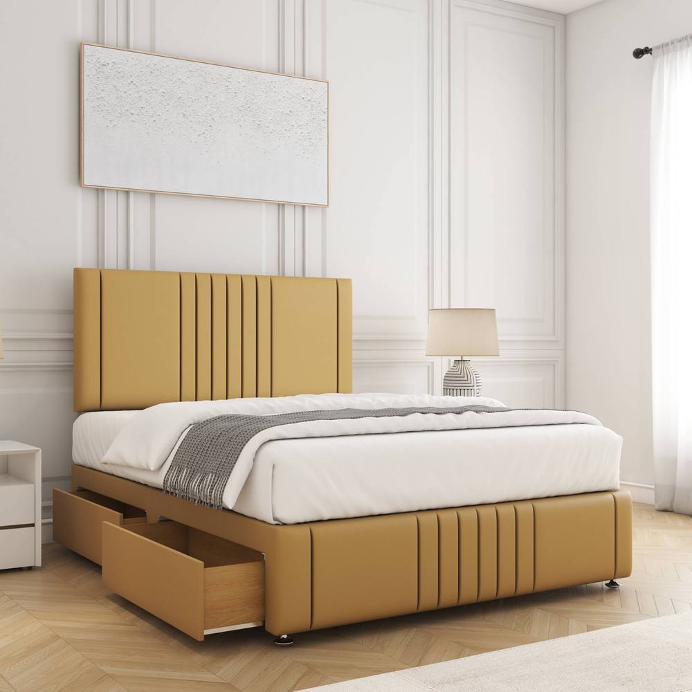 BSSPOKE Hazel Divan Bed Plush Velvet 24"Headboard 2Drawers Same Side Mattress in Mustard | Size: Small Double