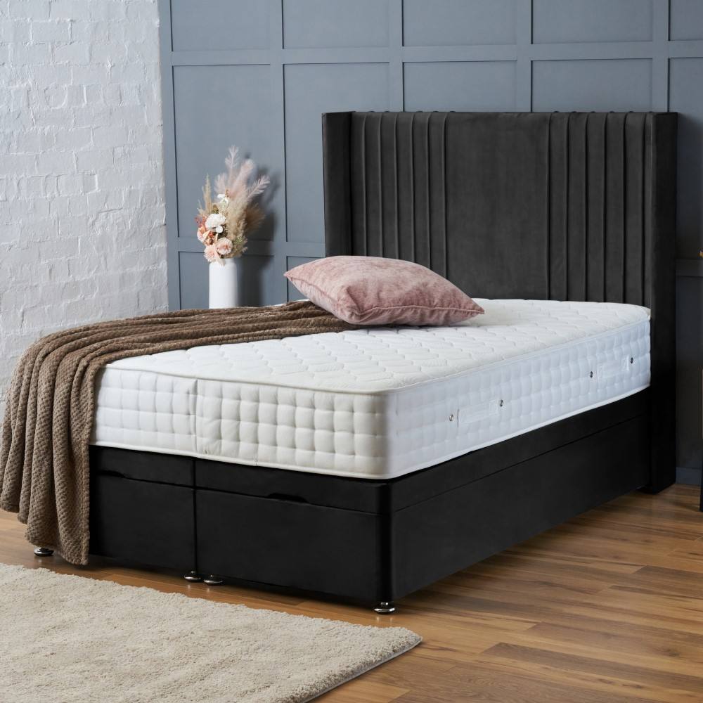 BSSPOKE Charlotte Ottoman Divan Bed Plush Velvet 54" Headboard & Mattress in Black | Size: Double