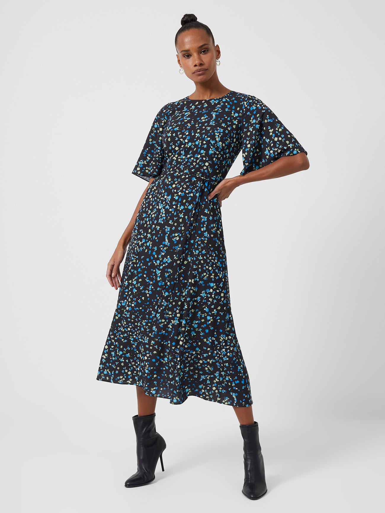 French Connection Shea Ferna Verona Crepe Midi Dress Black Multi Rather Saucy