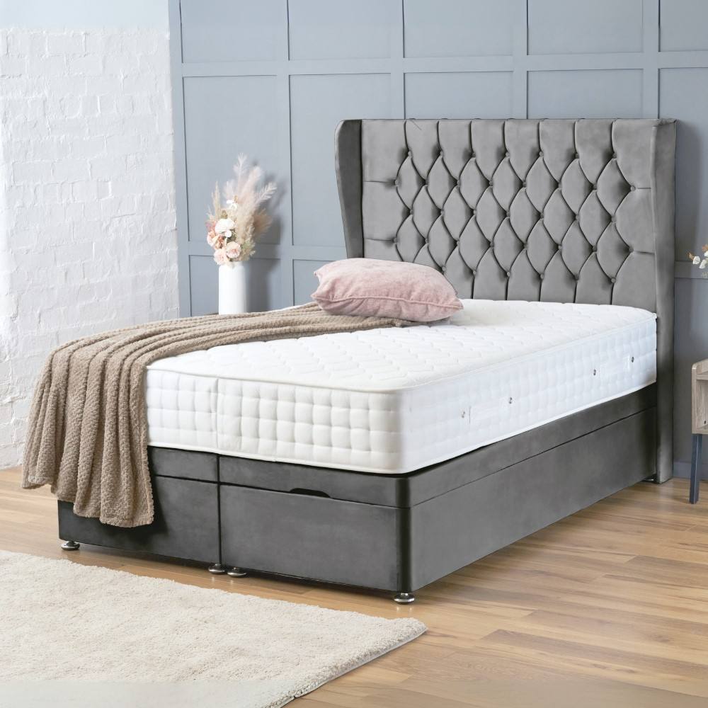 BSSPOKE Amelia Ottoman Divan Bed Plush Velvet 54" Headboard & Mattress in Grey | Size: Double