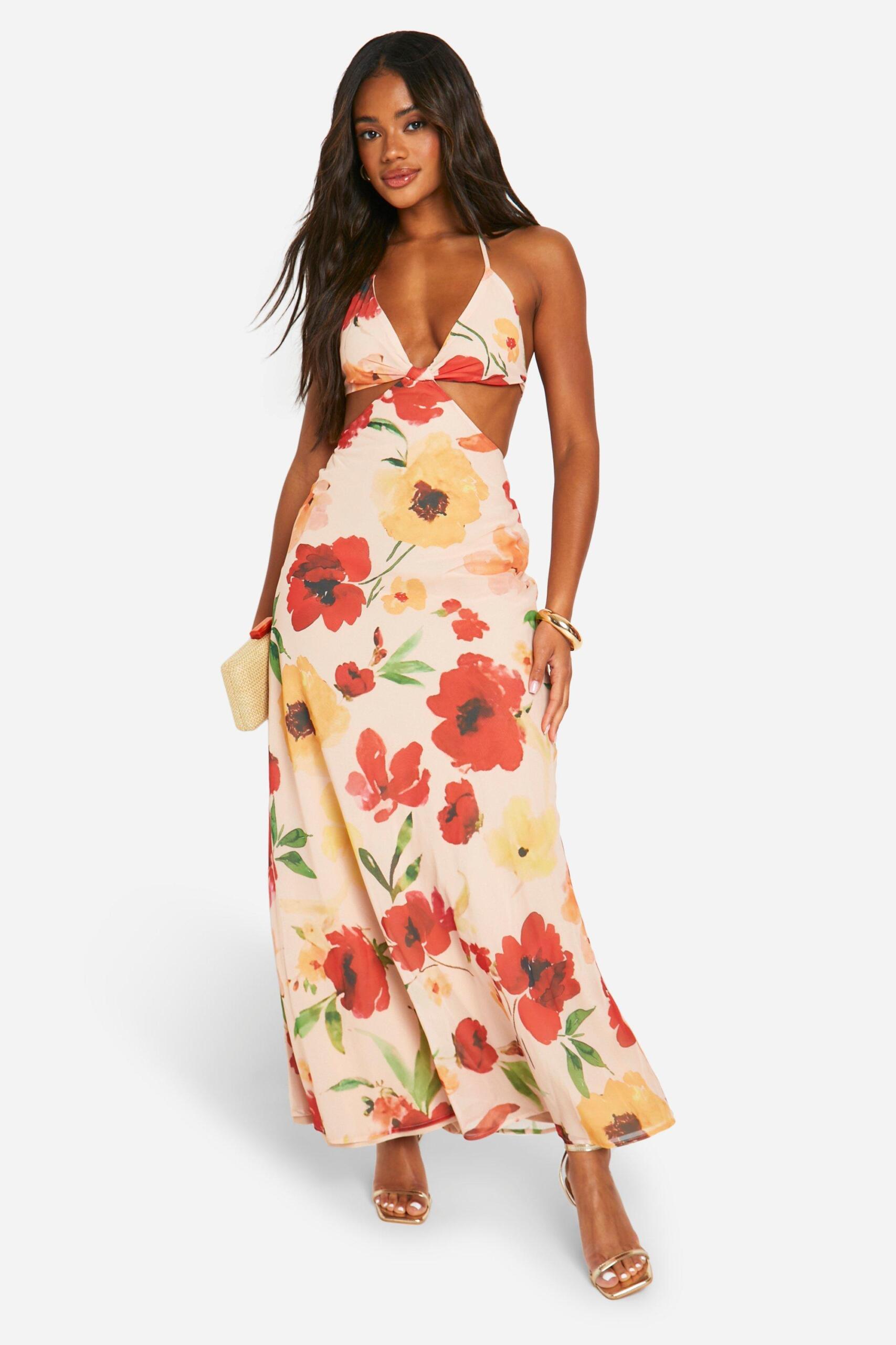 Boohoo Womens Chiffon Floral Cut Out Maxi Dress Rather Saucy