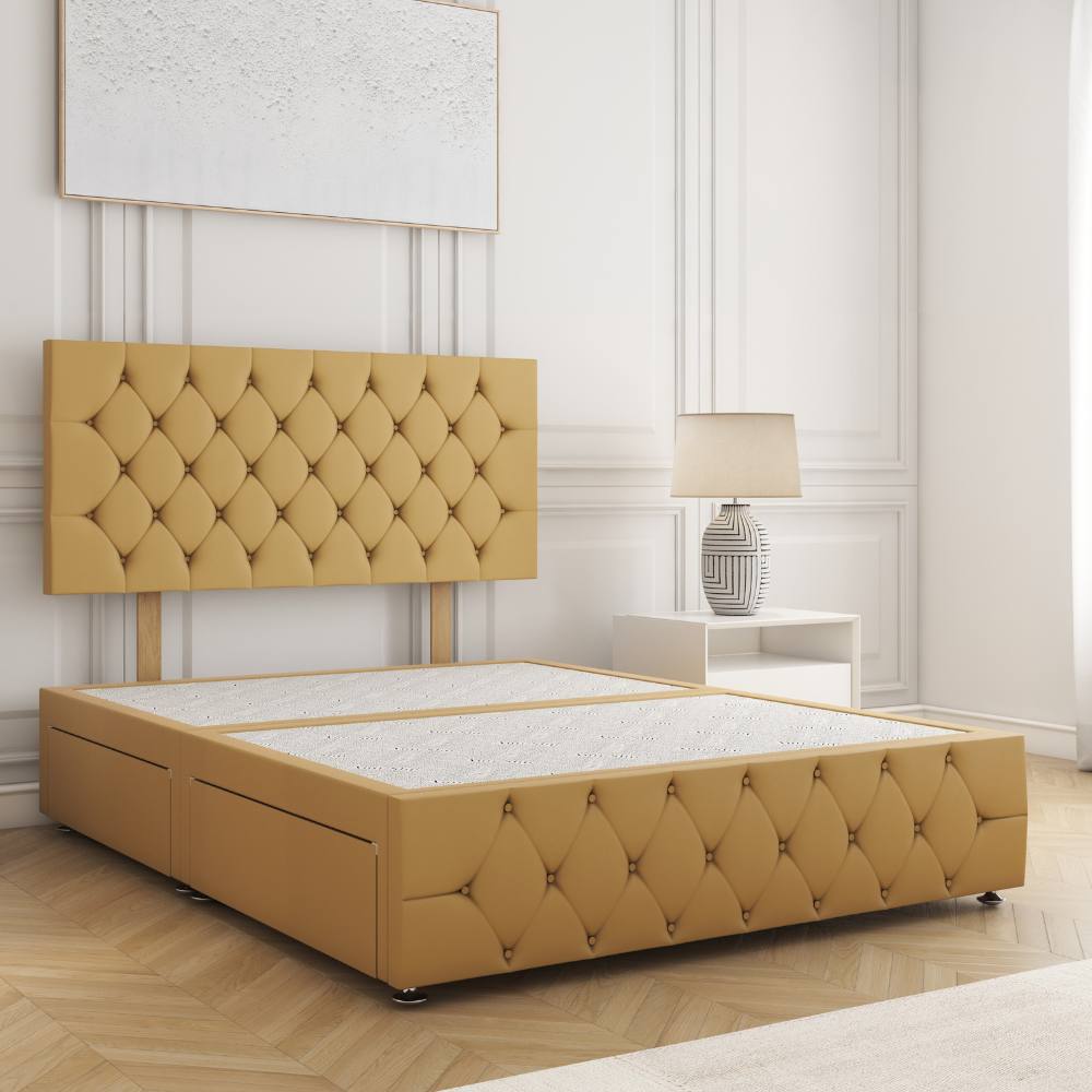 BSSPOKE Mulberry Plush Velvet Divan Bed 24"Headboard 4Drawers & No Mattress in Mustard | Size: Double