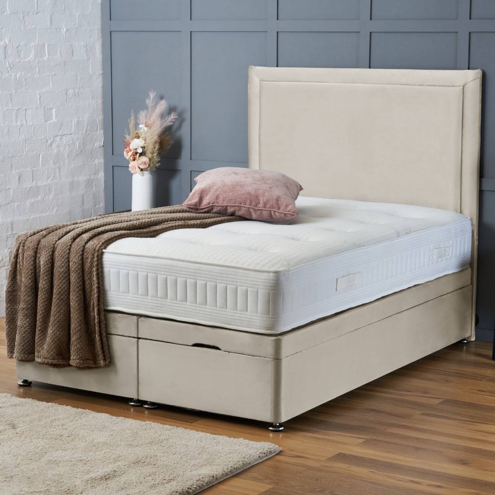 BSSPOKE Ella Ottoman Divan Bed Plush Velvet 54" Headboard & No Mattress in Cream | Size: Double