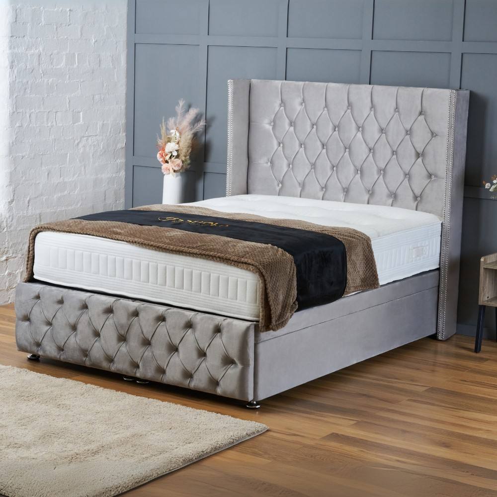 BSSPOKE Mayfair Ottoman Divan Bed Plush Velvet 54" Headboard & No Mattress in Silver | Size: Small Double